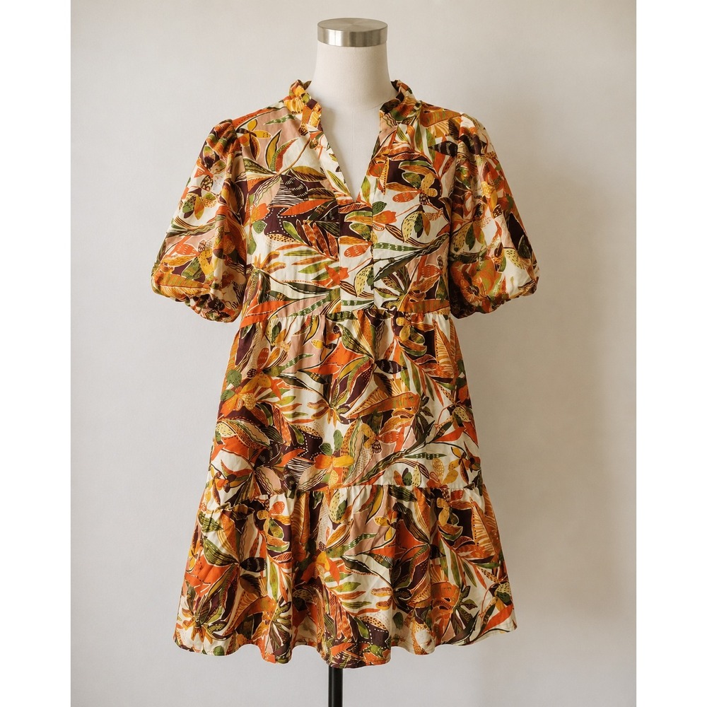 THML Orange Brown Leaf-Print Mini Dress